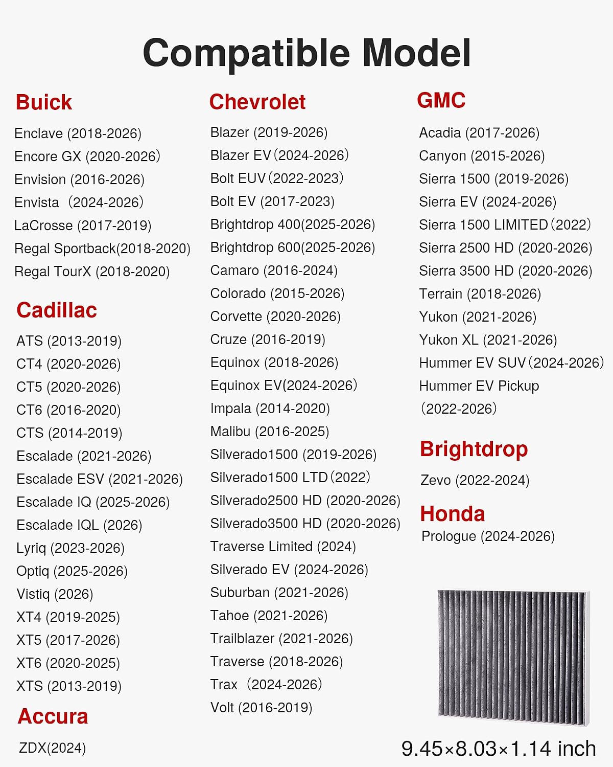 Cabin Air Filter with Activated Carbon, Replacement for CP966, CF11966, Select Buick Enclave, Encore GX, Envision, Regal, Lacrosse, Cadillac, GMC, Bolt EV, Camaro, Colorado