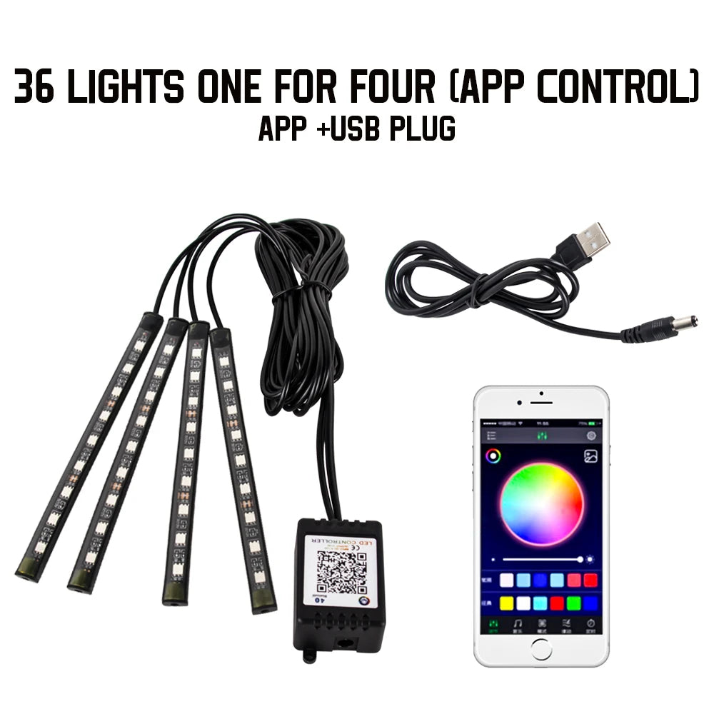APP Car Interior Ambient Light Neon LED Strip Foot Light with USB Wireless Remote Music Auto Atmosphere Decorative Lamp