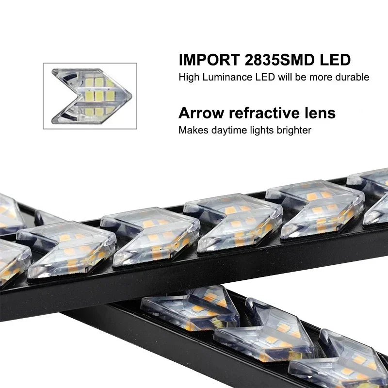 2PCS Arrow Car LED Daytime Running Light 12V DRL Switchback Strips With Amber and White Sequential Flowing Turn Signal Lights