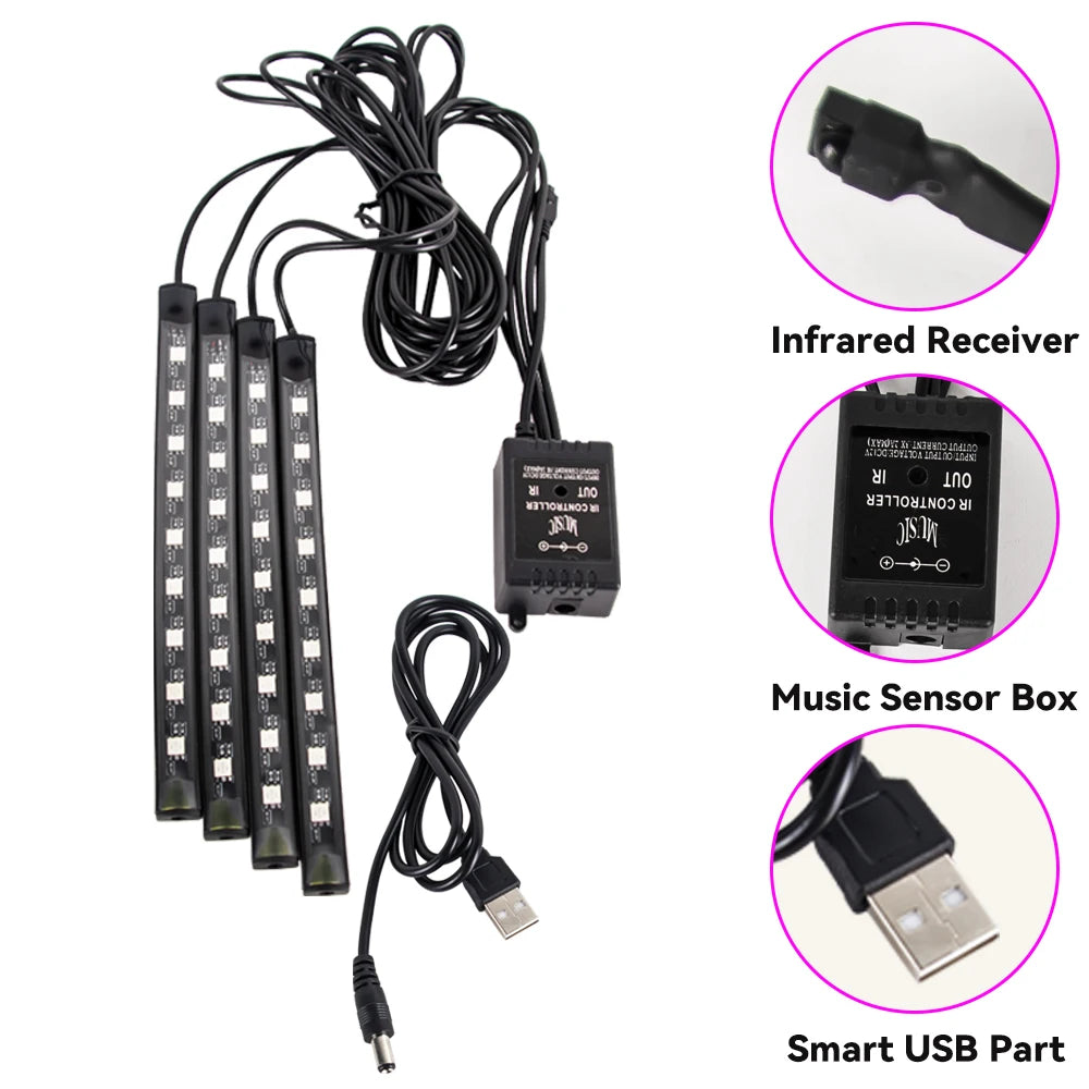 APP Car Interior Ambient Light Neon LED Strip Foot Light with USB Wireless Remote Music Auto Atmosphere Decorative Lamp