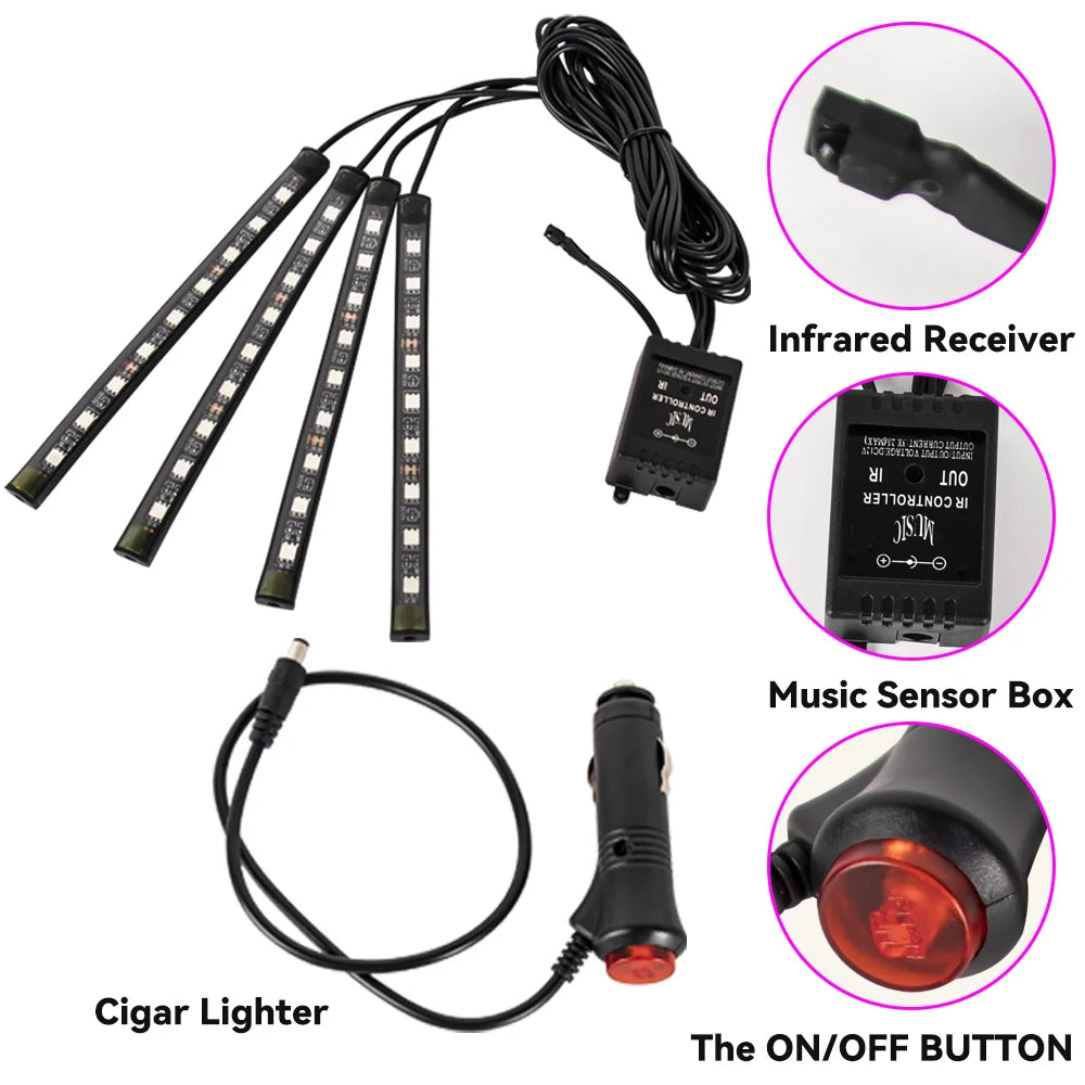 APP Car Interior Ambient Light Neon LED Strip Foot Light with USB Wireless Remote Music Auto Atmosphere Decorative Lamp