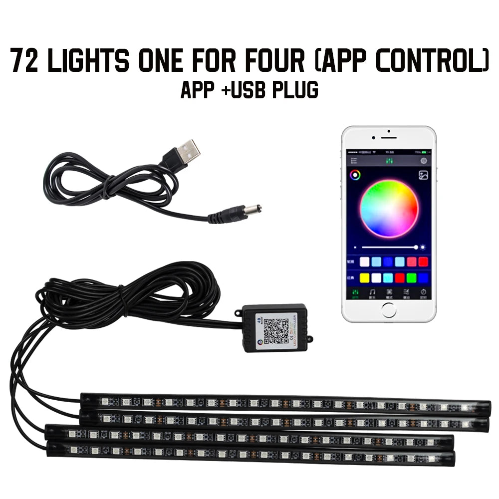 APP Car Interior Ambient Light Neon LED Strip Foot Light with USB Wireless Remote Music Auto Atmosphere Decorative Lamp