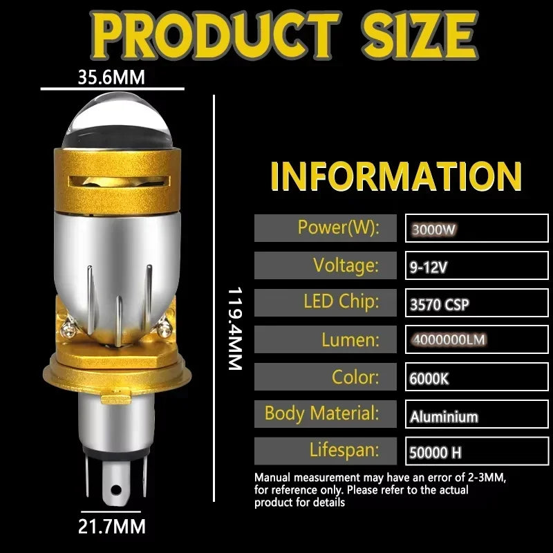 JUZIXING 3800W Bi LED H4 Mini Projector Lens No Errors Projector Car Light Super 12V Plug&play 6500K for LED Lighthouse Fog Lamp