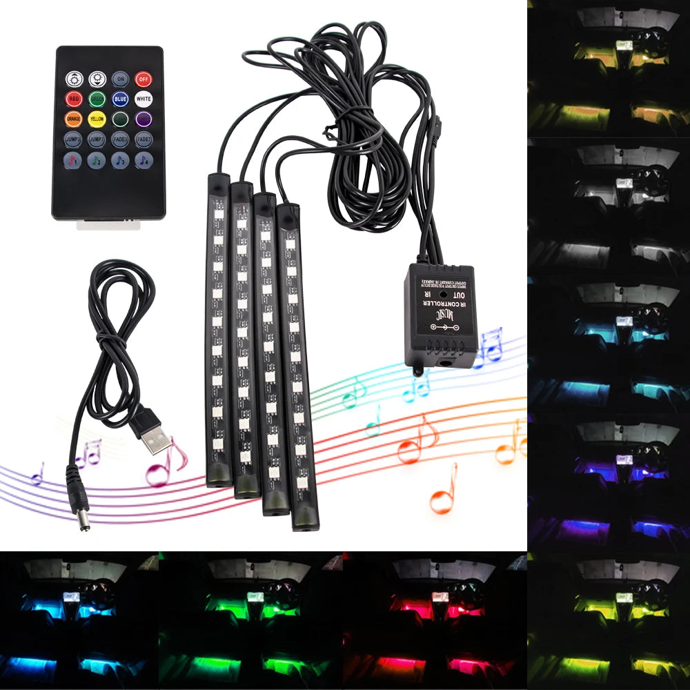 APP Car Interior Ambient Light Neon LED Strip Foot Light with USB Wireless Remote Music Auto Atmosphere Decorative Lamp