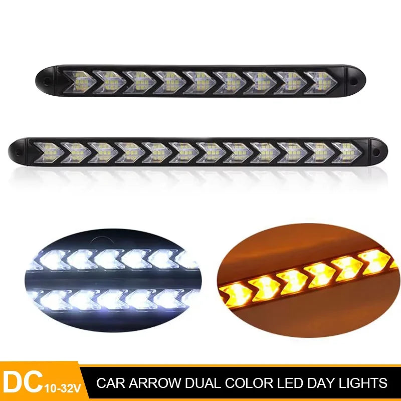 2PCS Arrow Car LED Daytime Running Light 12V DRL Switchback Strips With Amber and White Sequential Flowing Turn Signal Lights