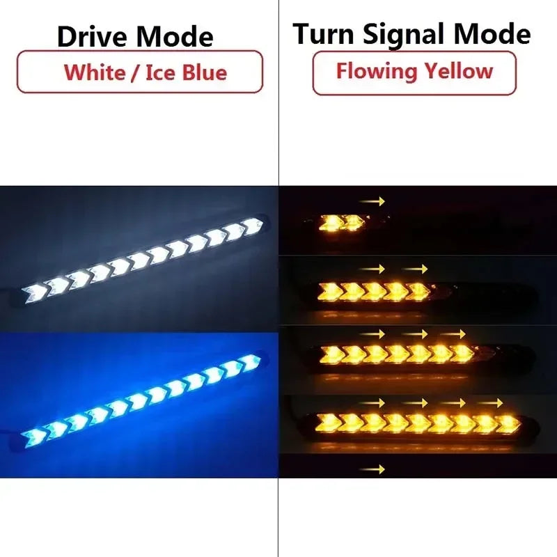 2PCS Arrow Car LED Daytime Running Light 12V DRL Switchback Strips With Amber and White Sequential Flowing Turn Signal Lights