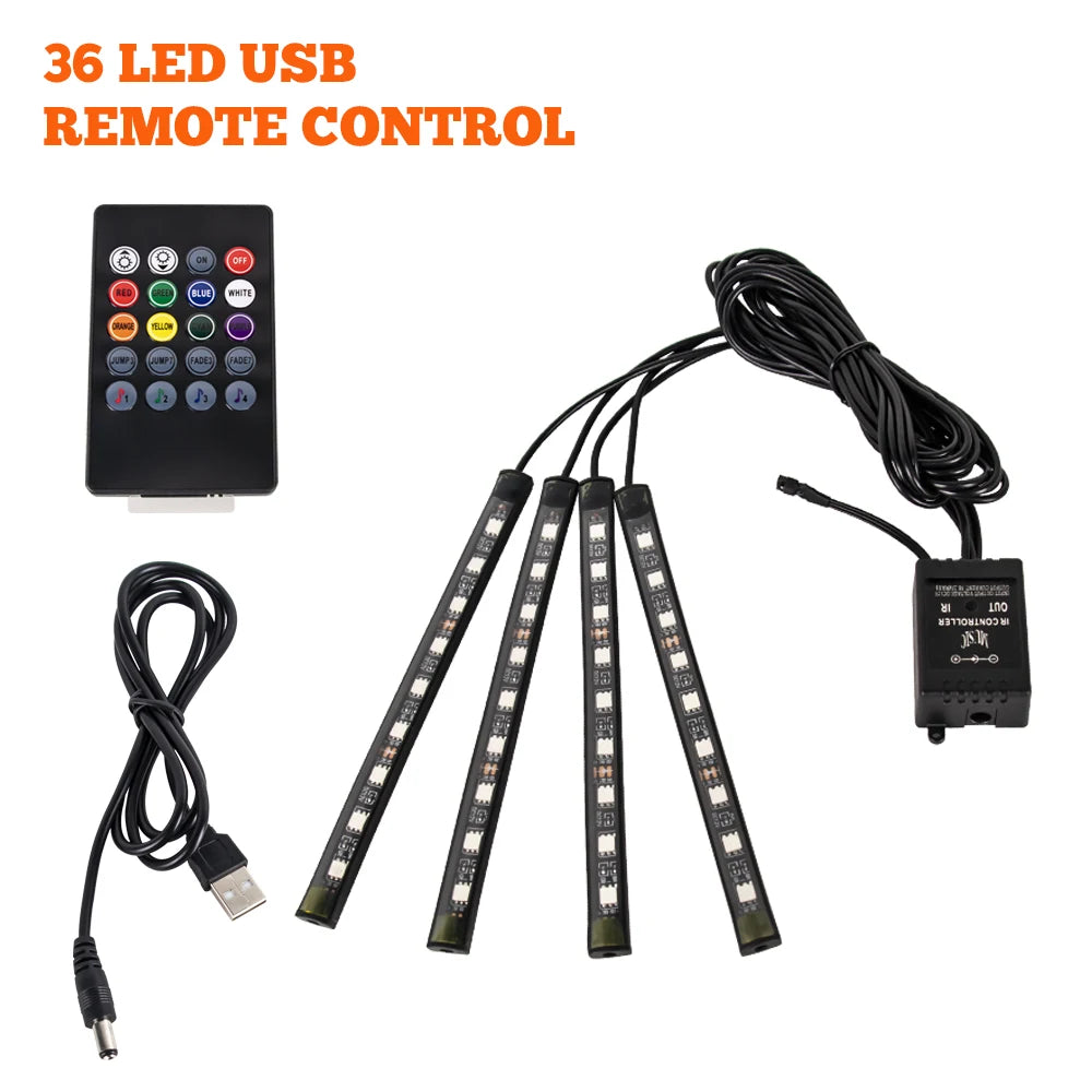 APP Car Interior Ambient Light Neon LED Strip Foot Light with USB Wireless Remote Music Auto Atmosphere Decorative Lamp