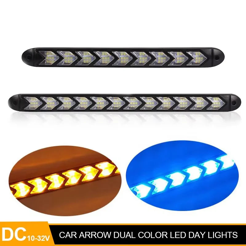 2PCS Arrow Car LED Daytime Running Light 12V DRL Switchback Strips With Amber and White Sequential Flowing Turn Signal Lights