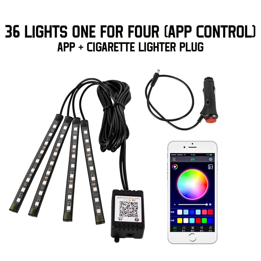 APP Car Interior Ambient Light Neon LED Strip Foot Light with USB Wireless Remote Music Auto Atmosphere Decorative Lamp