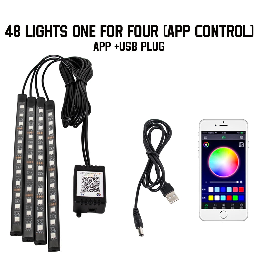 APP Car Interior Ambient Light Neon LED Strip Foot Light with USB Wireless Remote Music Auto Atmosphere Decorative Lamp
